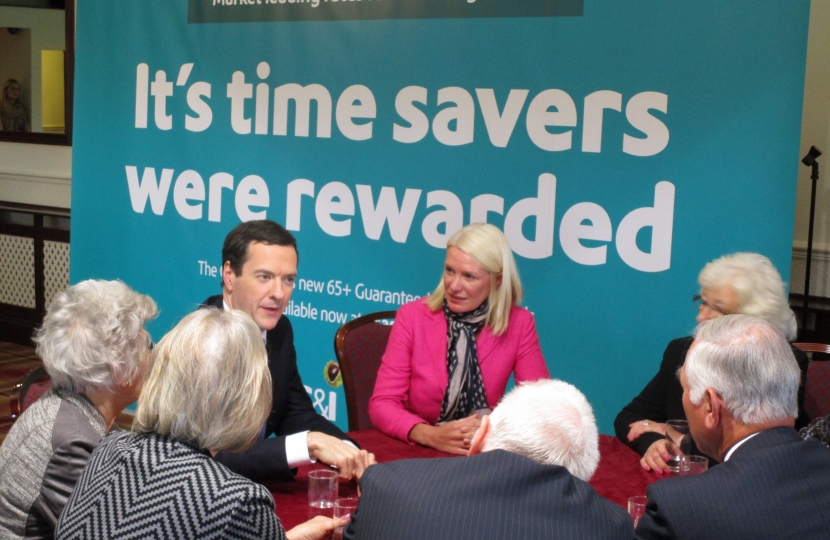 Chancellor George Osborne and Amanda Milling, Pensioner Bond launch near Cannock